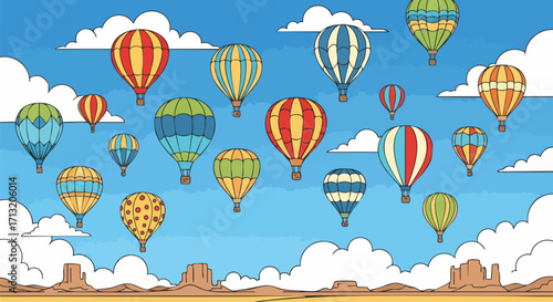 Colorful hot air balloons floating in a bright blue sky