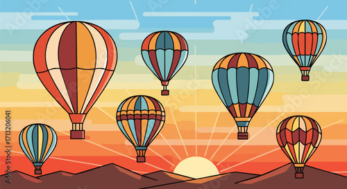 Colorful hot air balloons gracefully ascend over distant mountains against a vibrant sunrise or sunset