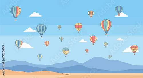 Colorful hot air balloons floating in the sky with landscape below. This illustration depicts travel, adventure, and freedom