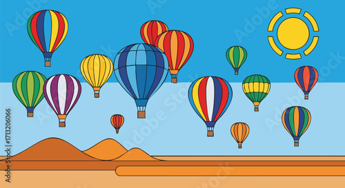 Colorful hot air balloons soar across a sunny desert landscape. This vibrant illustration is perfect for travel, adventure, and freedom concepts