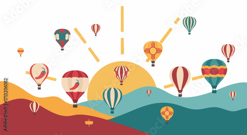 Colorful hot air balloons with chili peppers and New Mexico Zia symbols fly over hills. A bright sun creates a festive Southwestern scene