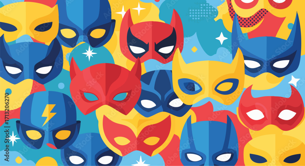 Fototapeta premium Colorful superhero masks in flat design. Perfect for kids' parties, comic book themes, or vibrant graphic designs