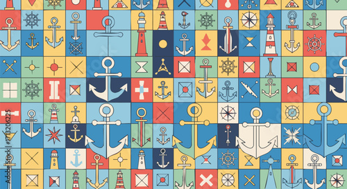 Colorful seamless nautical pattern featuring anchors, ship wheels, and lighthouses on a grid of vibrant squares