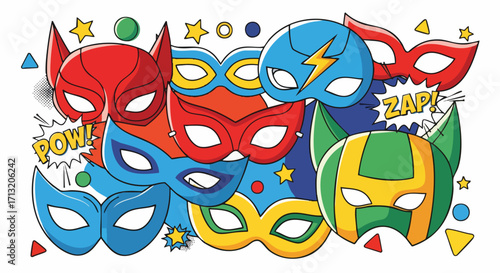 Colorful superhero masks in a pop art style. Comic book elements like 'Pow' and 'Zap' are included