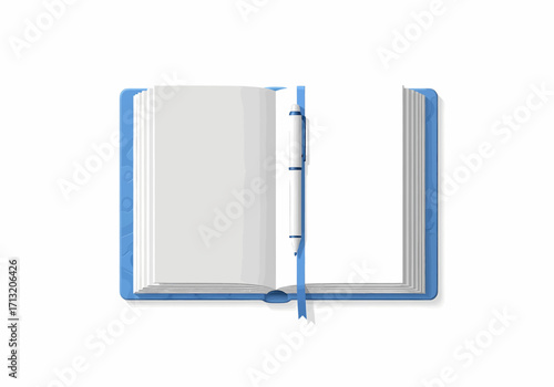 Blue Book with Open Pages and Bookmark, Isolated on White Background for Education and Reading