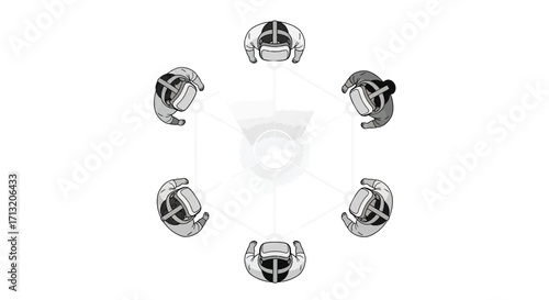 Virtual Reality Collaboration Concept Showing People in a Circle with VR Headsets in Gray Scale