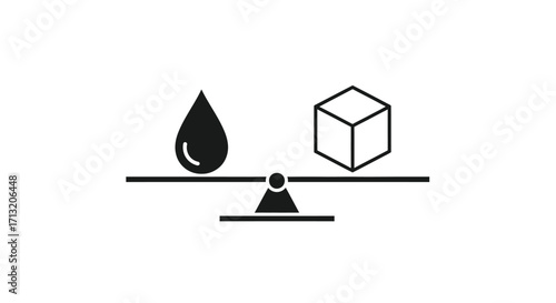 Balance Concept Showing a Water Drop and a Cube on a Scale Representing Equilibrium in Black and White