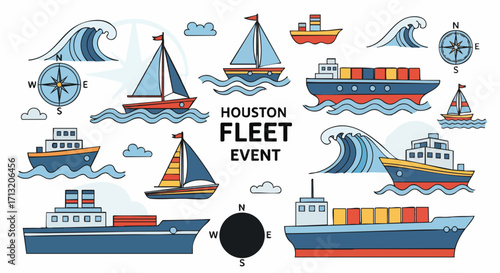 Colorful vector illustration of various cartoon boats, cargo ships, and sailboats with waves and compasses. 'Houston Fleet Event' text is central