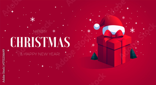 Merry Christmas greeting card. Merry Christmas template design. Christmas red background with box. Merry Christmas and happy new year background. Background Xmas design gift box. Xmas red clipart