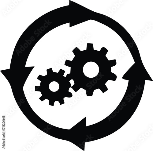 Circular arrows enclosing interlocking gears symbolizing process workflow automation and mechanical engineering systems