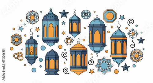 Decorative illustration featuring traditional lanterns, stars, and geometric elements, designed for various holidays