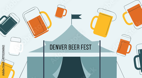Denver Beer Fest design with beer mugs and tent. Vector illustration for festival, event, advertising, and promotion
