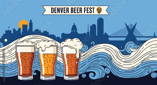 Denver Beer Fest illustration. Vector illustration of beer glasses in front of a city skyline with waves