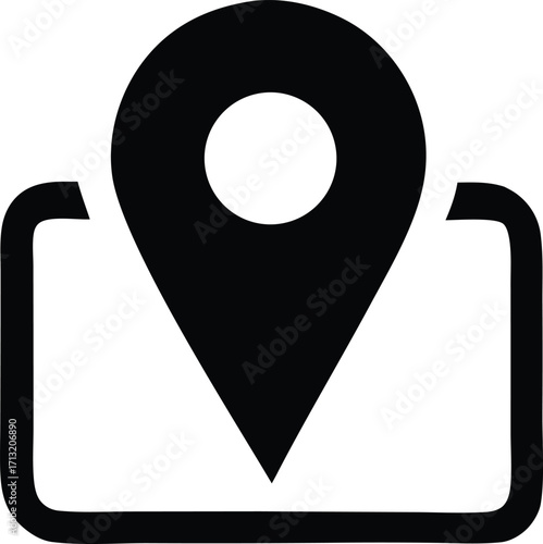 Simple black geo location pin icon overlaying stylized map outline for navigation and mapping applications