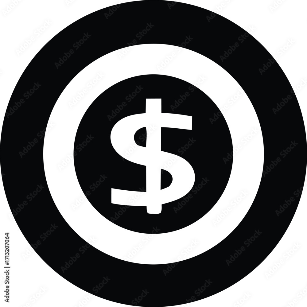 Fototapeta premium Simple graphic icon representing money and finance featuring a prominent dollar sign within concentric circles