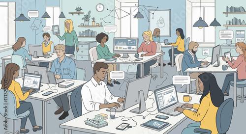 Diverse business team collaborating in a modern open-plan office