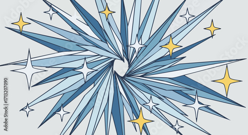 Dynamic abstract blue starburst vector illustration. Geometric shards radiate outwards, accented by sparkling stars