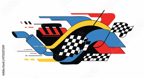 Dynamic graphic illustration portraying racing and speed, with engine, exhaust, and checkered flags in bold primary colors, conveying competitive energy