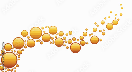 Dynamic golden liquid bubbles or spheres flow upwards on a clean white background. This abstract graphic element suggests purity and energy