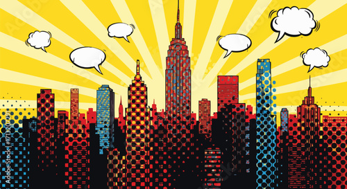 Dynamic pop art cityscape illustration featuring iconic skyscrapers and empty speech bubbles against a vibrant sunburst background
