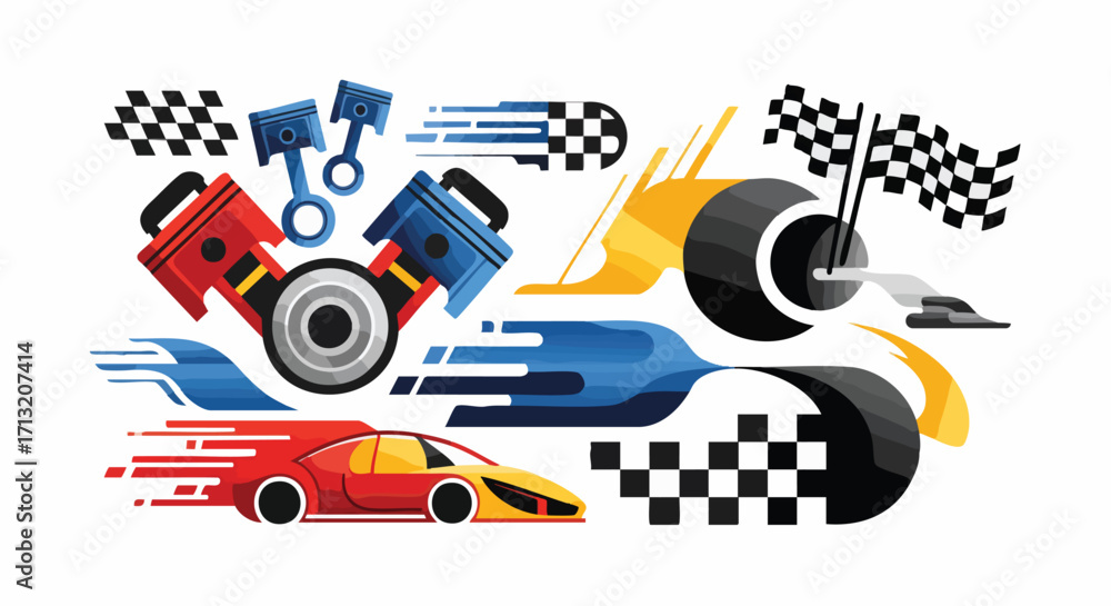 Obraz premium Dynamic vector illustration of racing elements and car parts, representing speed, motion, and competition