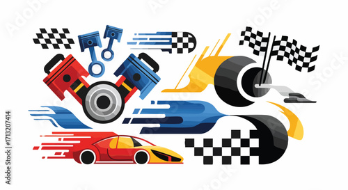 Dynamic vector illustration of racing elements and car parts, representing speed, motion, and competition