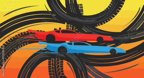 Dynamic vector illustration of red and blue racing cars speeding