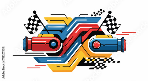Dynamic vector illustration of stylized red and blue race cars speeding with checkered flags