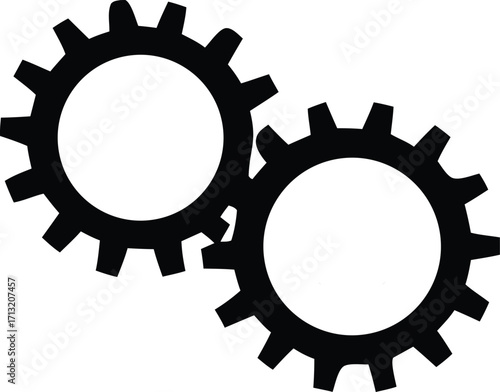 Two interlocking black gears symbolizing teamwork collaboration progress and mechanical engineering concepts in a clean graphic representation for business.