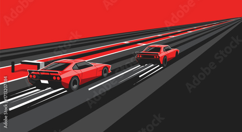 Dynamic vector illustration of two red classic sports cars racing on a dark track. The retro style evokes speed, competition, and automotive power