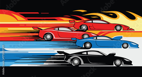 Fast cars racing! Red, blue, and black sports cars speeding with flames and motion blur