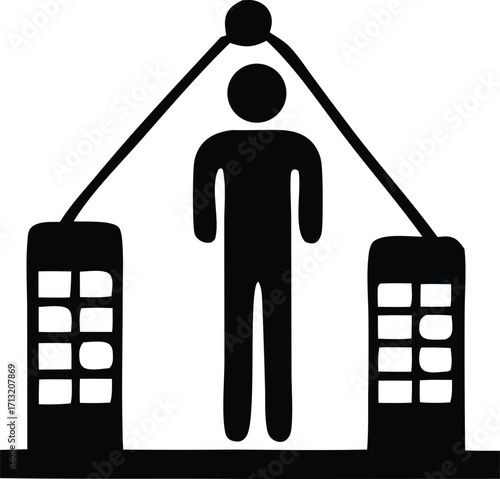 Person caught between two buildings balanced by pulley system symbolizing choice dilemma or confinement