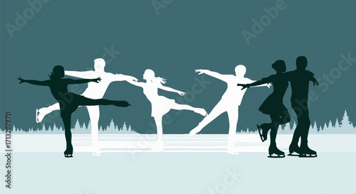 Figure skaters perform in the winter environment with forest background