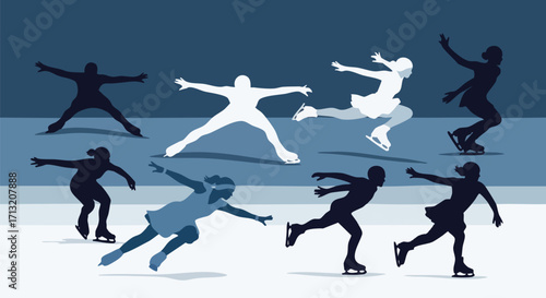 Figure skating illustration with skaters in motion. Sports concept with abstract scene in blue tones, depicting winter sport and active lifestyle