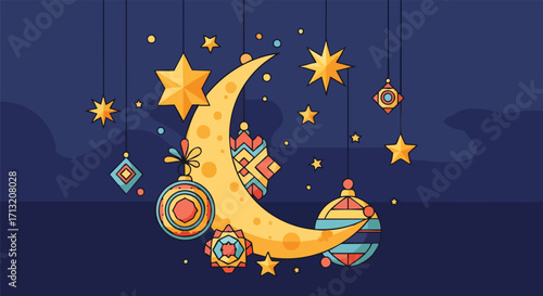 Flat vector illustration of a golden crescent moon, sparkling stars, and colorful hanging lanterns