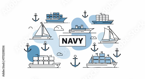 Flat line art illustration of diverse ships: container, sailboat, cruise, with anchors. The 'NAVY' text emphasizes maritime transport