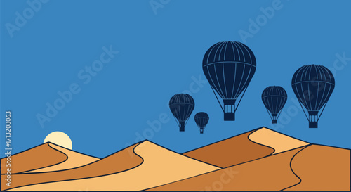 Flat vector illustration of hot air balloons ascending over rolling desert sand dunes with the sun rising