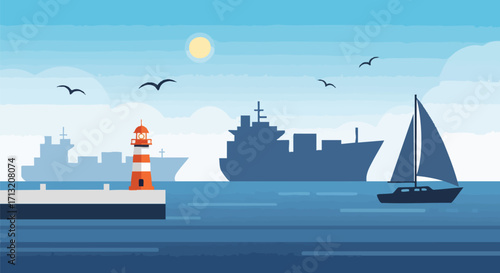Flat vector scene of a maritime harbor with a lighthouse, container ships, and a sailboat against a blue sky with the sun