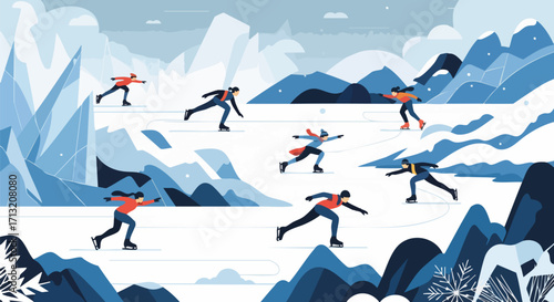 Flat vector illustration of people speed skating on a frozen lake. Dynamic winter scene with blue icy mountains and snow