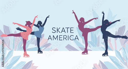 Four female figure skater silhouettes perform elegant poses on ice in a vibrant vector illustration