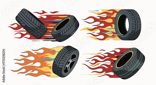 Four dynamic vector illustrations feature racing car tires with blazing flame trails