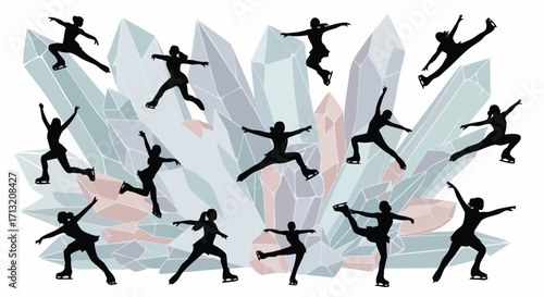 Graceful silhouettes of female figure skaters in dynamic poses, set against an abstract background of cool, geometric crystal shapes, ideal for winter sports themes