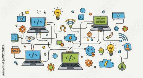 Hand-drawn doodle illustration showing a complex network of interconnected laptops, cloud services, and various technology icons