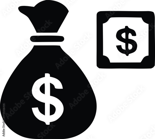 Icon of a money bag with a dollar sign and a square with a dollar sign representing finance and wealth accumulation for business and investment