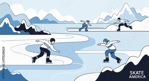 Illustration depicts people ice skating on a frozen lake with mountain views. The scene captures winter sports and recreation