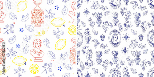 Whimsical hand drawn pattern featuring busts of women lemons flowers and ornate vases in red blue and yellow on white