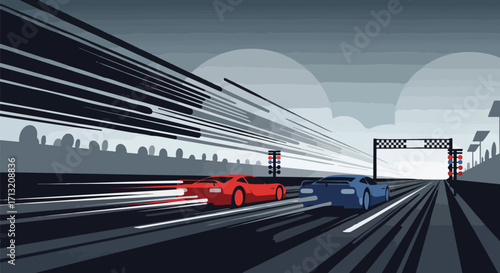 Illustration of a drag race with two sports cars speeding down the track. The cars leave trails of speed against the cloudy sky