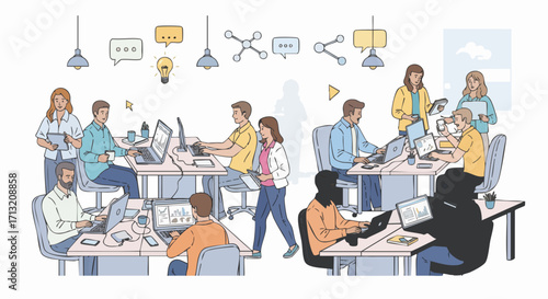 Illustration of a modern office with people working on computers and tablets. The scene depicts teamwork, collaboration, and communication