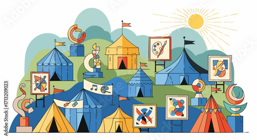 Illustration of an art festival with tents and abstract artwork. The scene features colorful tents, paintings, and sculptures