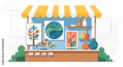 Illustration of an outdoor art market stall. Features paintings, pottery, and geometric bird sculptures